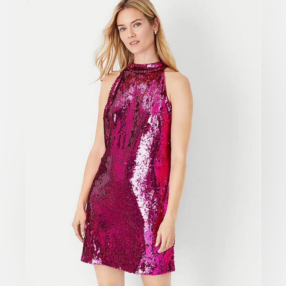 Ann Taylor NWT Full Sequin Mock Shift Dress 4 Barbiecore Hot Pink Romantic Glam